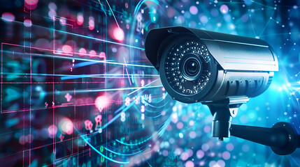 Wall Mural - CCTV security camera in data center, Technology background, A high-tech security camera illuminated with blue lights, emphasizing modern surveillance technology