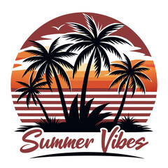 Wall Mural -  Beach with black palms tree silhouette and sunset, summer vibes T-Shirt Design Vector illustration 