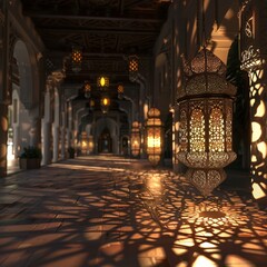 Poster - Dynamic 3D animation of Islamic lanterns swaying gently in the breeze, casting patterns of light and shadow.