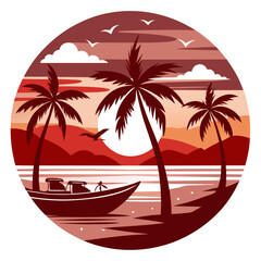 Wall Mural - Summer vacation t-shirt design concept  with palm tree, sea beach, and sunset vector illustration