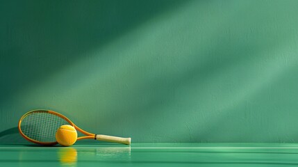 Wall Mural - Bright yellow tennis ball and racket arranged on a green tennis court background, symbolizing the pursuit of a healthy lifestyle through sport.