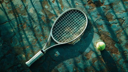 Wall Mural - Tennis racket and ball laid out on a green court, offering copy space, ideal for conveying the essence of outdoor game sports.