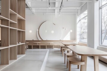 Poster - A white room with wooden furniture and a large round wall. The room is empty and has a minimalist design