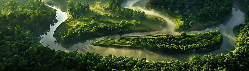 Aerial view of a lush green river landscape with winding waterways and dense forest areas, showcasing natural beauty and ecological diversity.