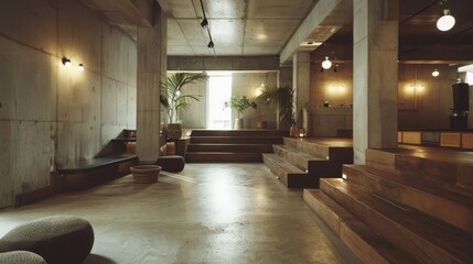 Poster - A large room with a concrete floor and wooden stairs. The room is empty and has a modern feel