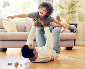 Sticker - Child, father and airplane game on floor for happiness, fantasy and support in living room. Family, young boy and man or dad in home for trust, development and together on weekend for balance and fun