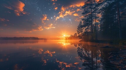 Wall Mural - Saimaa Lake in Finland during summer solstice: a misty scene under a starry sky with noctilucent clouds, all in golden sunlight.