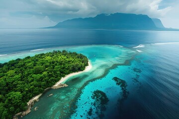 Wall Mural - Aerial view of a tropical island with lush greenery and clear blue water, showcasing the vibrant underwater landscape.