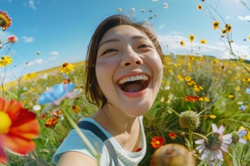 In a flower-filled garden, an attractive Asian woman with a captivating and charming face is captured laughing joyfully in the morning light.