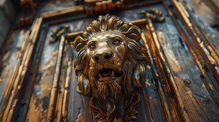 Wall Mural - A Wooden Door With A Lion Head Key Lock Adds A Touch Of Grandeur