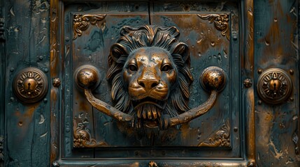 Wall Mural - A Wooden Door With A Lion Head Key Lock Adds A Touch Of Grandeur