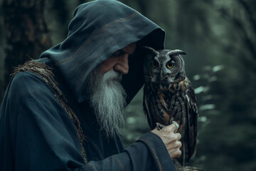 In a shadowy forest, a hooded wizard intimately communicates with his owl. The mystical connection between man and nature emanates ancient wisdom and enchanting secrets