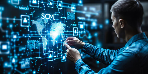 Poster - Supply Chain Management SCM concept representing integrated logistics, procurement, operations, transportation, inventory management, digital technology solutions for optimized workflow and efficiency