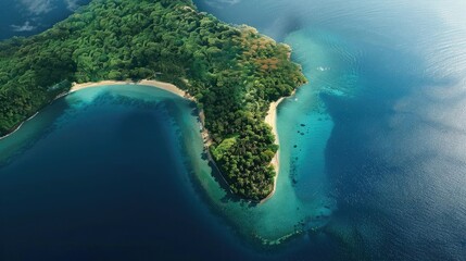Wall Mural - Aerial view of a tropical island surrounded by clear blue waters, lush greenery, and sandy beaches.