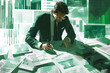 © Steven - Intense businessman analyzing data amidst a backdrop of green graphs and charts. His focused expression and detailed work highlight the precision and complexity of financial analysis