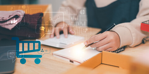 Aufkleber - Startup or small business entrepreneur,Check sales and check business growth reports,order management in online stores,shopping on the internet,Selling online on Internet,SME,shipping boxes,e-commerce