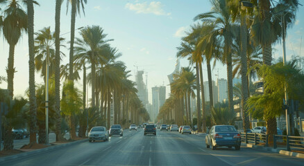 Wall Mural - Saudi Arabia with trees and palm trees on both sides, cars driving down the road, tall buildings behind them
