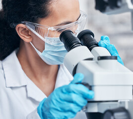 Poster - Woman, microscope and ppe in laboratory for innovation, research and analysis of bacteria. Scientist, mask and test or examination for pharmaceutical company and investigation for medicine in clinic