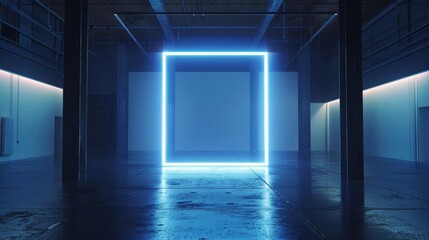 Large neon light glowing blank picture frame on a dark background in an empty room