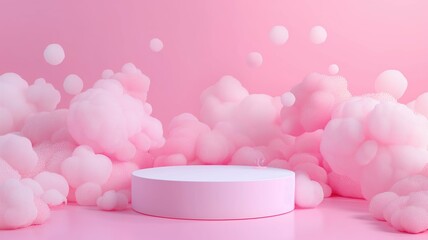 Wall Mural - Pink catwalk with airy clouds or pink foam,
An empty showcase for displaying goods. 3D visualization.