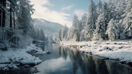 Canvas Print - A snowy landscape with a river and trees