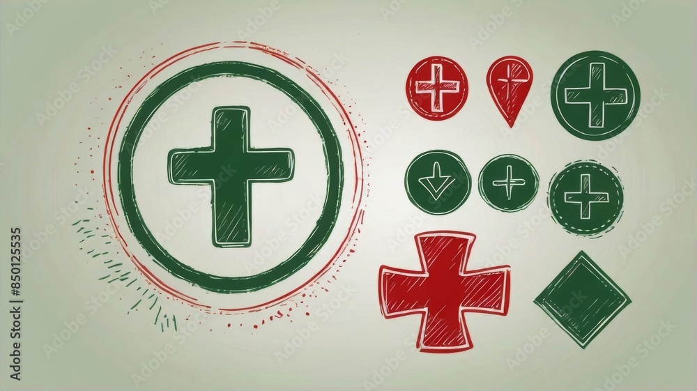 Green check mark and red cross icon set, in both circle and square ...