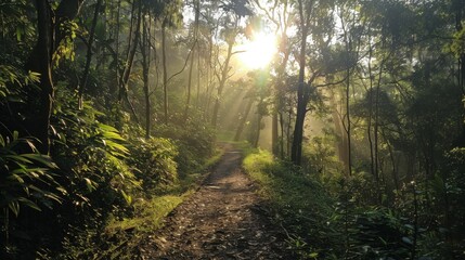 Wall Mural - A forest path with sunlight shining through the trees. The path is surrounded by trees and bushes