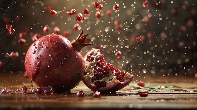 Fresh pomegranate split with seeds flying in dramatic background
