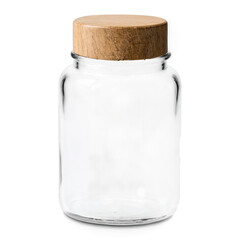 A transparent clear glass jar capped with a natural wooden lid against a white background, perfect for png files