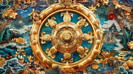 Poster - Buddhist Wheel of Dharma: Design a vibrant and detailed image of the Buddhist Wheel of Dharma (Dharmachakra). 