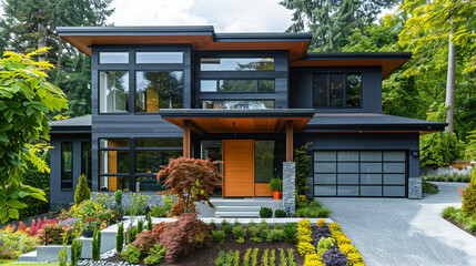A modern house with bold, contrasting colors, featuring a black exterior with bright white trim, and lush landscaping around the property, captured in
