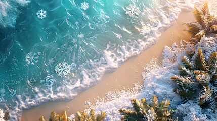 Beach with palm trees in winter and covered with snow, background with copy space