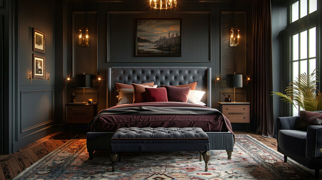 A sophisticated bedroom designed with deep, moody hues, including a charcoal grey upholstered bed, dark walnut furniture, plum-colored bedding, and brass lighting fixtures casting a warm glow.