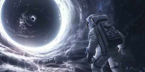 Gazing into the Abyss: A 5K 3D Rendering of an Astronaut Contemplating a Black Hole. This captivating digital artwork depicts an astronaut standing on the precipice of the unknown, gazing into the eni