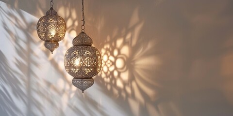 Sticker - Islamic lanterns casting intricate shadows against a white wall, creating a mesmerizing ambiance.