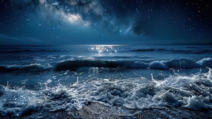 Wall Mural - A serene night seascape with gentle waves lapping under a star-filled sky, the moon casting a silver path across the water's surface.