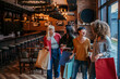 © La Famiglia - A group of diverse female friends walking into a restaurant, chatting happily with shopping bags in hand