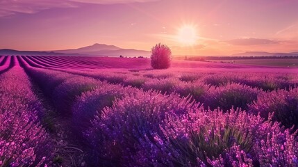 Sticker - lavender field at sunset, Purple lavender field in Provence at sunset, background, Stunning summer landscape in Provence, France with blooming violet fields, Lavender, wallpaper