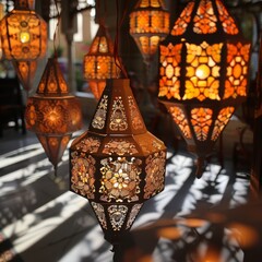 Sticker - Ornate Islamic lanterns casting intricate shadows, perfect for festive decorations.