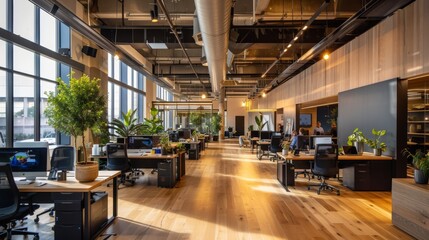 Poster - A modern office setup with open areas and wellness programs for employee health