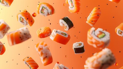 Wall Mural - Abstract layout pattern of floating sushi pieces in a fluid motion