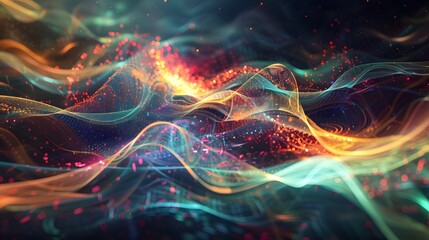 Poster - An abstract fusion of light and technology, illustrating waves of energy flowing through a digital cosmos.