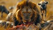 © AICraft - A Dramatic Scene Of A Lion Eating A Wildebeest, Surrounded By Opportunistic Hyenas In The Wild