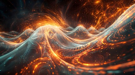 Poster - An abstract fusion of light and technology, illustrating waves of energy flowing through a digital cosmos.