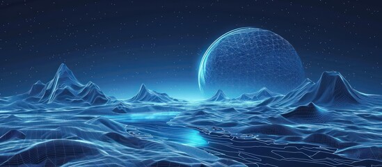 Wall Mural - Wireframe Landscape with Glowing Sphere