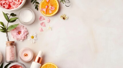 Sticker - A table with a variety of items including a bottle of lotion, a bottle of perfume. Beauty and wellness concept