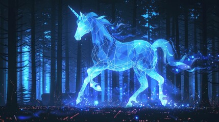 Wall Mural - Mystical Blue Unicorn in a Dark Forest