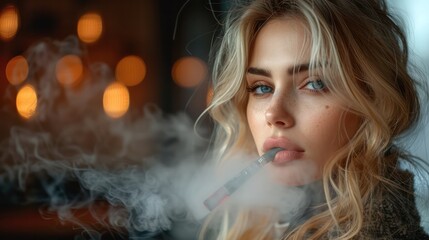 Stylish woman vaping with an electric cigarette, creating a cloud of vapor.