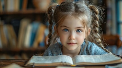 Wall Mural - Portrait of a cute little inspired writer holding a notebook on a blurred study background. Copy space for text