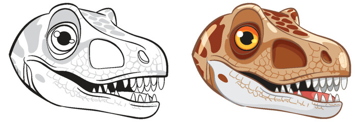 Two dinosaur heads, one colored, one monochrome